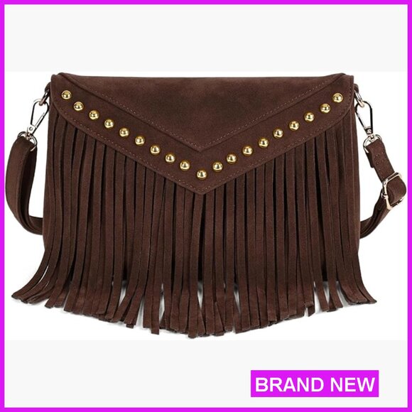 Handbags - Boho Western Fringe Crossbody Purse Double Velour Suede Hobo Bag Adjustable